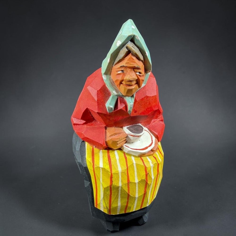 Vintage Swedish Flat Plane Hand Carved Wood Figurine Woman Drinking Coffee 5"